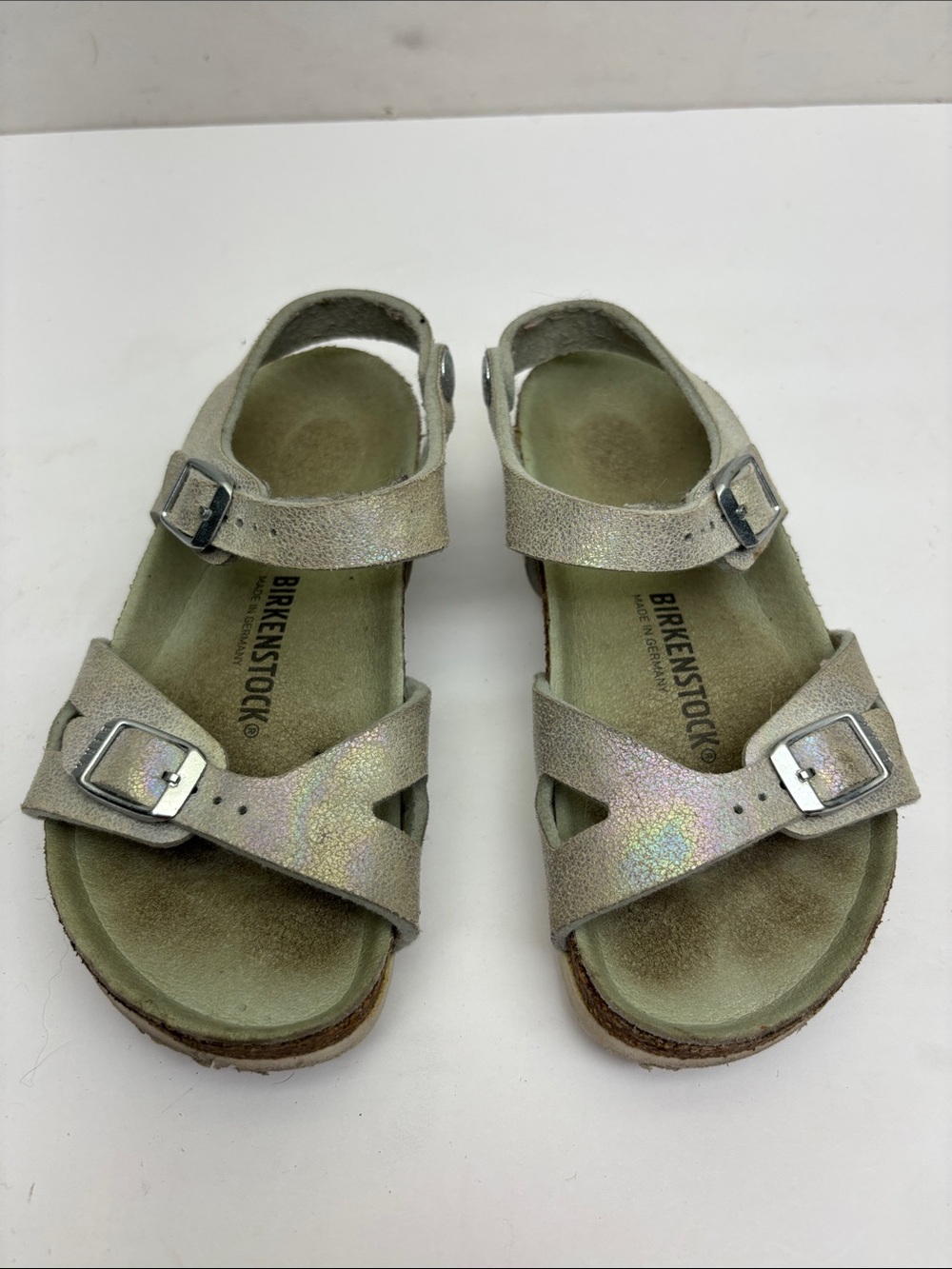 Birkenstock Kids Iridescent Silver Two-Strap Sandals, SZ 11 toddler girl, box 72